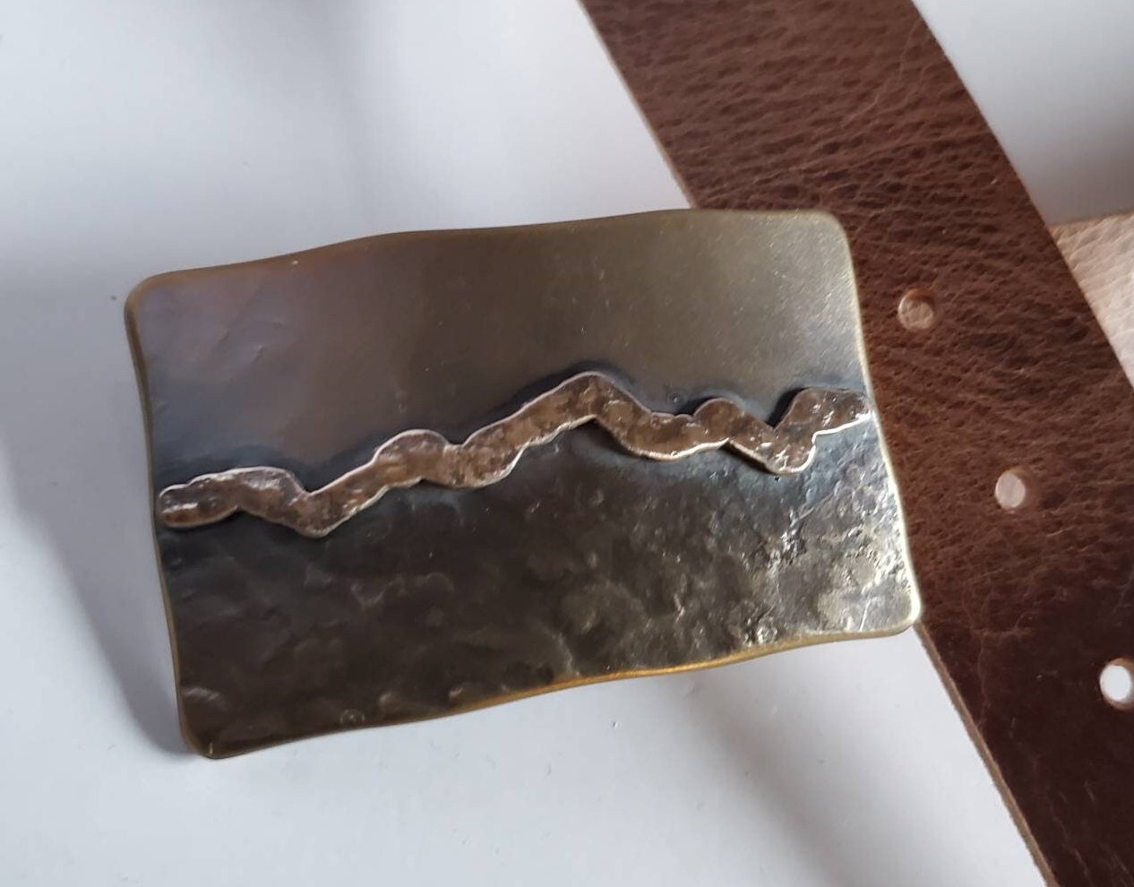 Belt Buckle, Hand Forged Landscape,Stainless Steel & Bronze Overlay, Hypoallergenic Accessories, Buckle fits 1.5" Belt for Blue Jeans