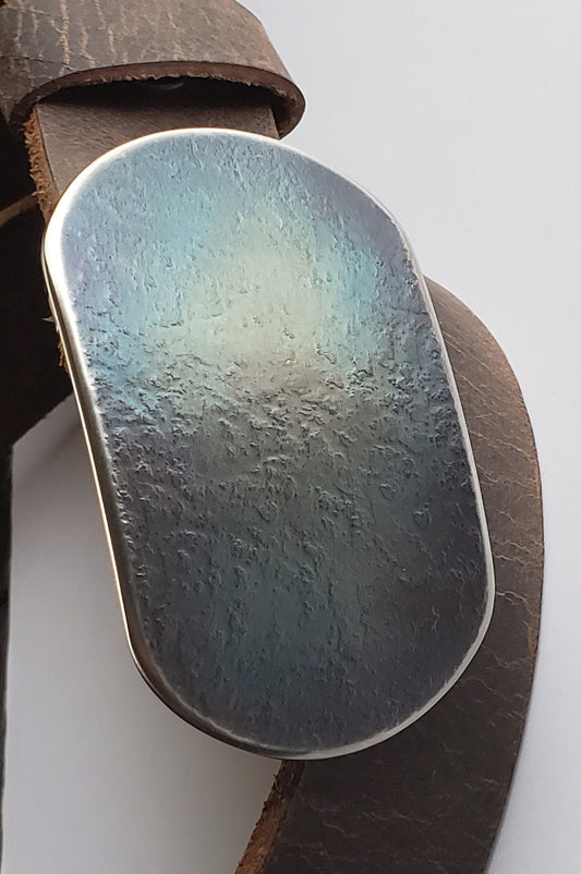 Belt & Buckle Set, Taupe Belt and Blue Buckle Set, Father's Gift, Hand Forged Buckle and Belt, 1.5" Wide Snap Belt, Your Belt Colour Choice