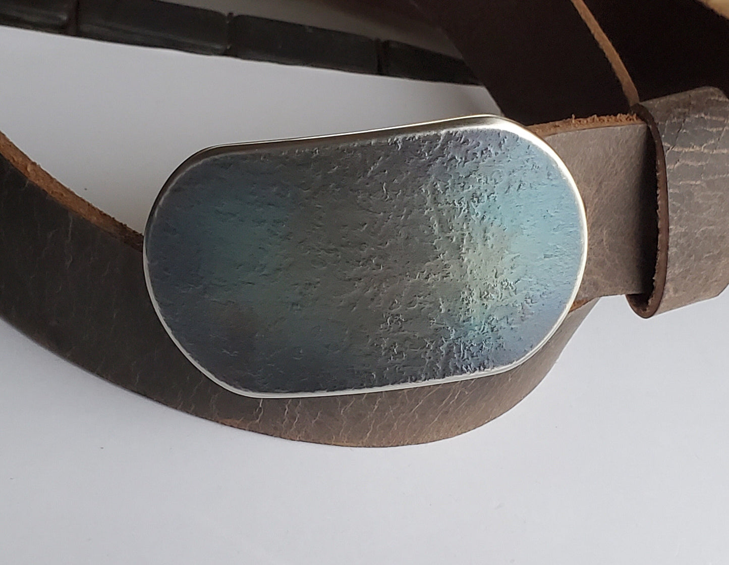 Belt & Buckle Set, Taupe Belt and Blue Buckle Set, Father's Gift, Hand Forged Buckle and Belt, 1.5" Wide Snap Belt, Your Belt Colour Choice