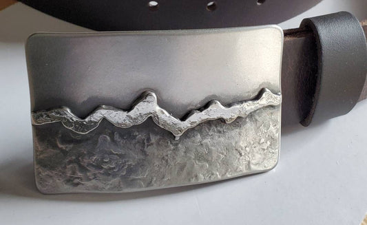 Belt Buckle Hand Forged Silver Landscape Stainless Steel or Bronze Overlay Hypoallergenic Accessories Buckle fits 1.5" Belt for Blue Jeans