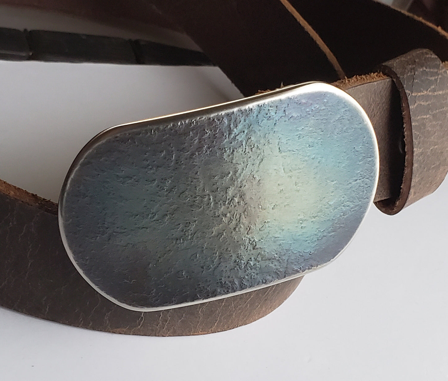 Belt & Buckle Set, Taupe Belt and Blue Buckle Set, Father's Gift, Hand Forged Buckle and Belt, 1.5" Wide Snap Belt, Your Belt Colour Choice