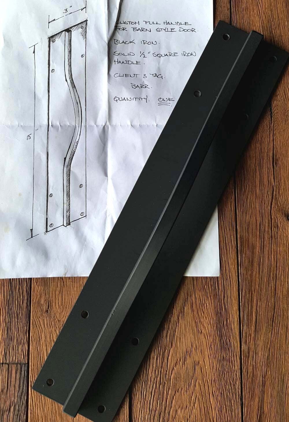 Barn Door Pull Black Hand Forged Metal Hardware Custom Steel Door Handle 15" X 3" Pre Drilled for Mounting Canadian Made Hardware Pulls