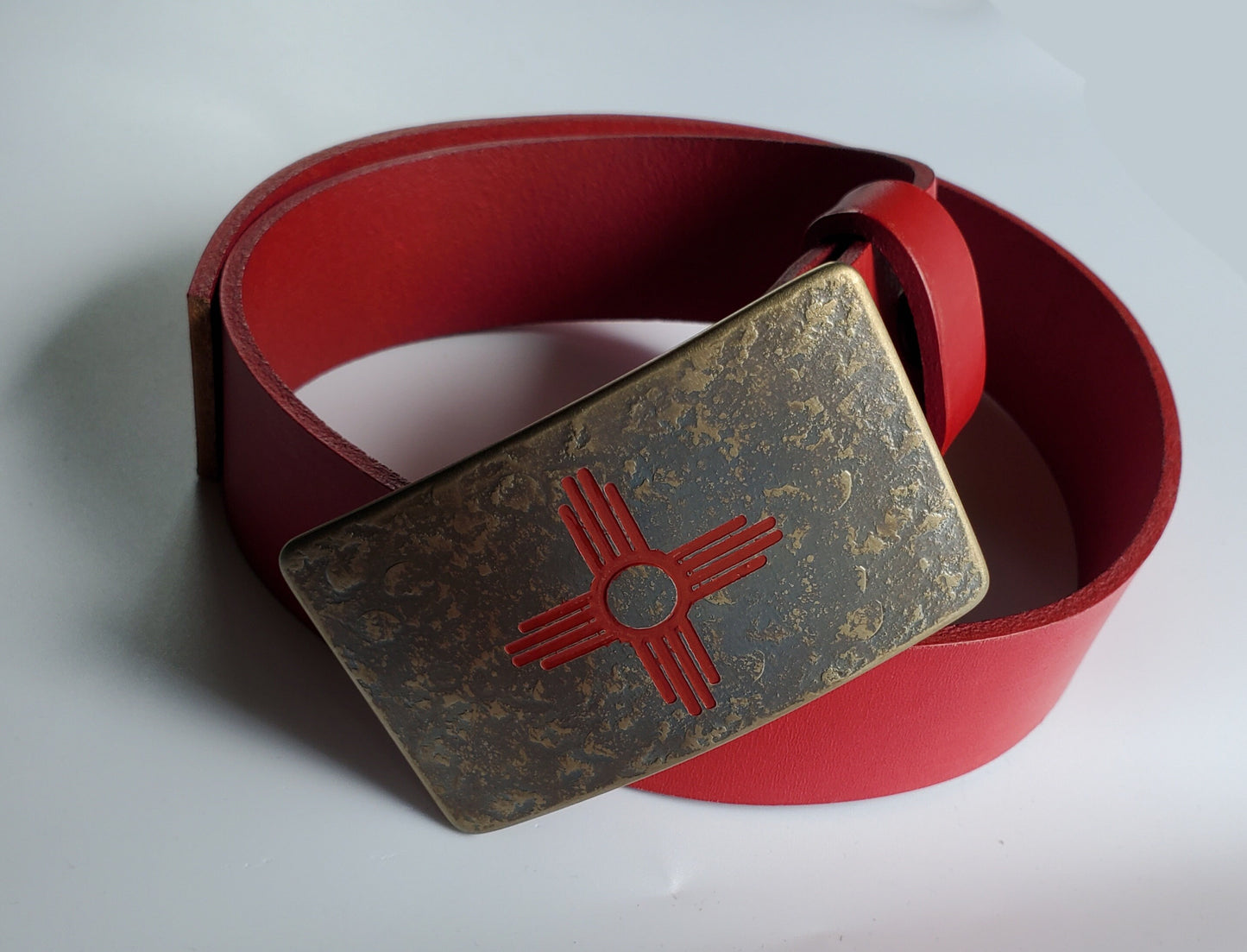Buckle & Belt Red ZIA Etched Jean Buckle and Belt Set Hand Forged Buckle Red Zia Buckle and Belt 1.5" Leather Belt for Jeans and Gift Bag