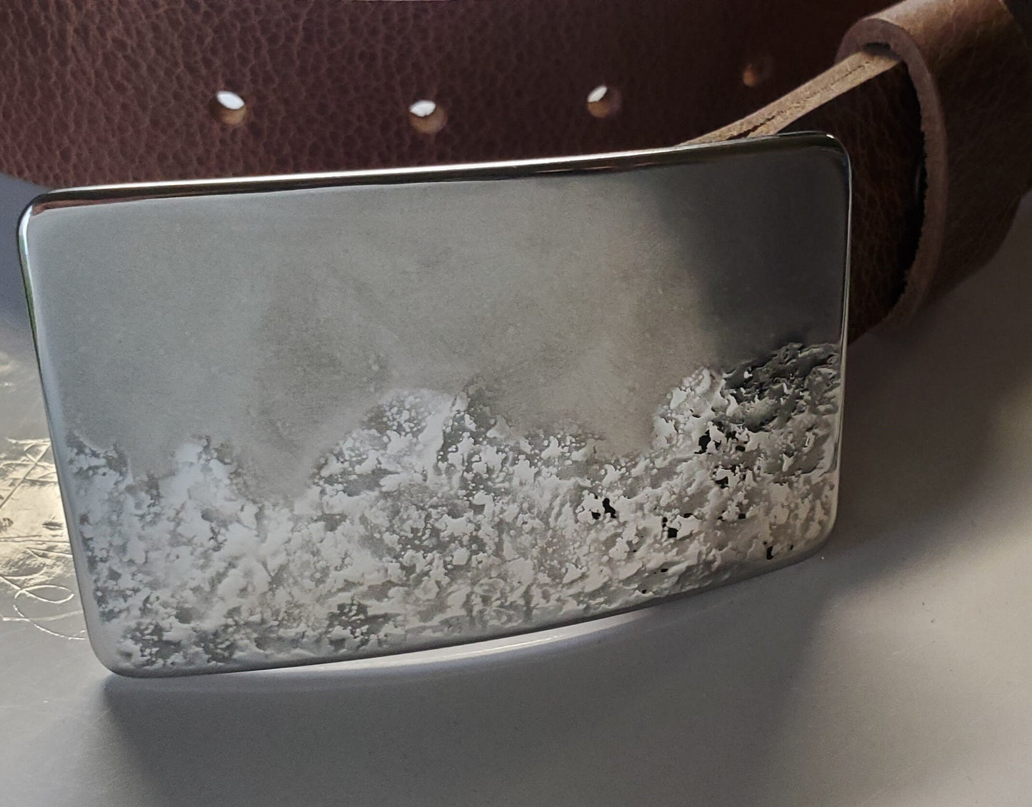 Landscape Belt Buckle for Jeans Hiker's Gift Signed Original by Aucoin Stainless Steel Gift, Hypoallergenic Buckle for Leather Snap Belt