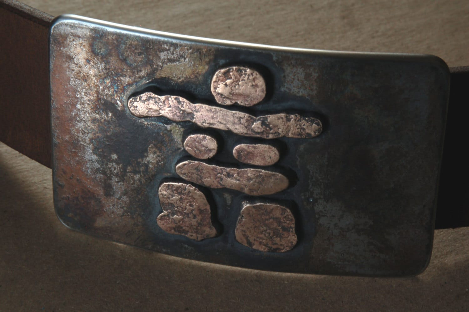 Inuit Art Inuksuk Belt Buckle Hand Forged Rustic Bronze Inukshuk Stainless Steel Signed Original Fits 1-1/2" Wide Belt for Jean