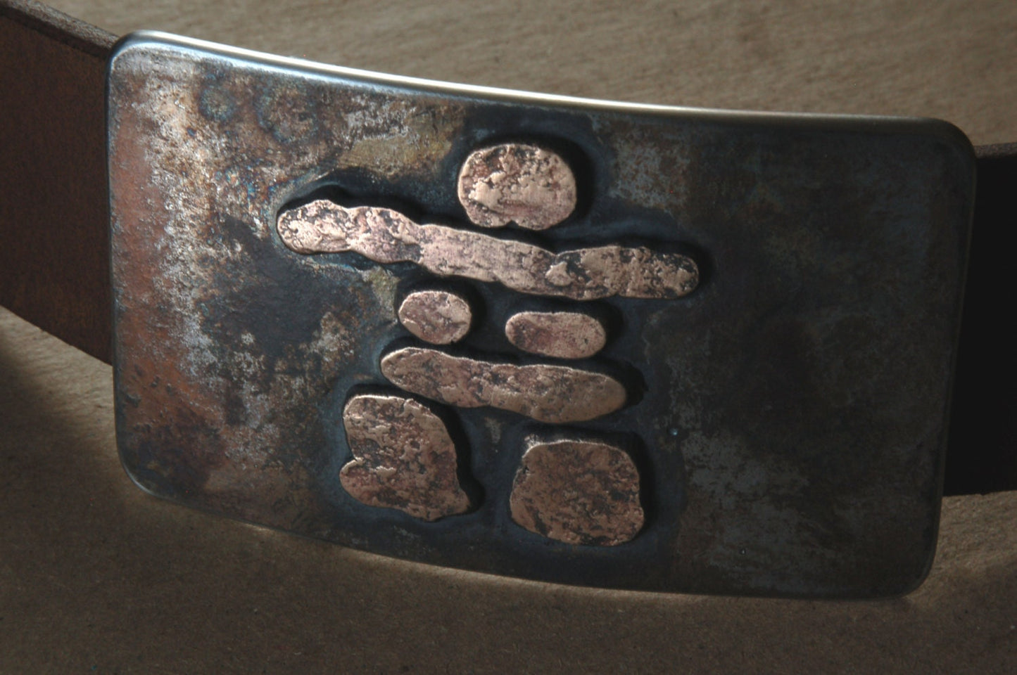 Hand Made in Canada ~ Belt & Buckle Set- Inuit Art - Rustic Bronze Inukshuk - Hand Forged Belt Buckle with Leather 1.5" Belt for Blue Jeans
