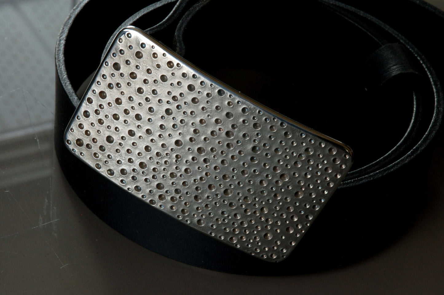 Silver Rain Belt Buckle, Confetti Buckle, Polka Dot Buckle for 1.5" Wide Belt for Blue Jeans Designed by Robert Aucoin, Jean Buckle