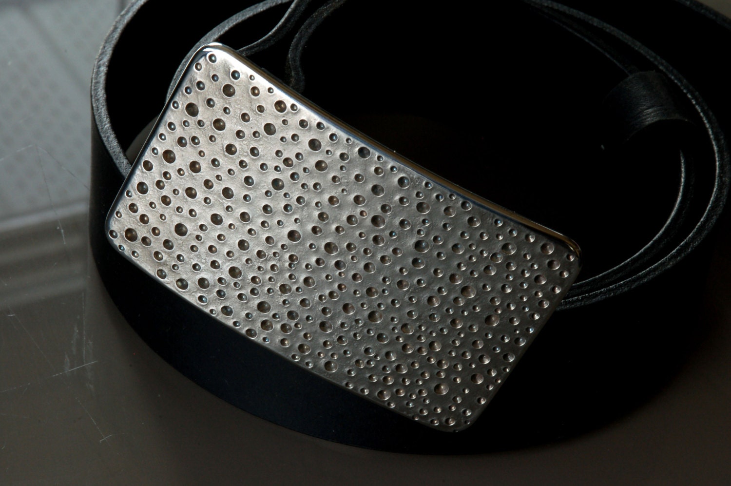 Silver Rain Belt Buckle, Confetti Buckle, Polka Dot Buckle for 1.5" Wide Belt for Blue Jeans Designed by Robert Aucoin, Jean Buckle