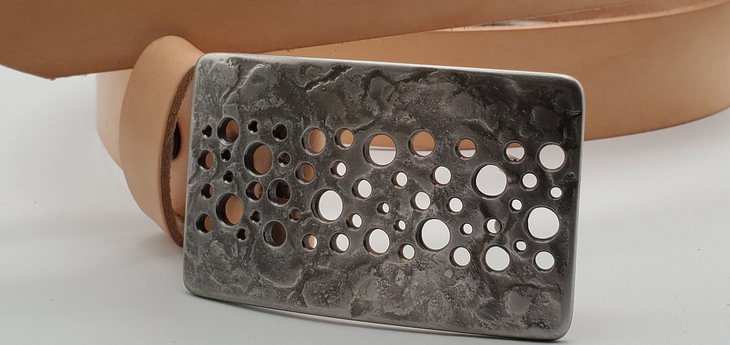 Confetti Belt & Buckle Handcrafted Hypoallergenic Blue Jean Belt Buckle and 1.5" Leather Belt Hand Forged Unisex Silver Stainless Steel