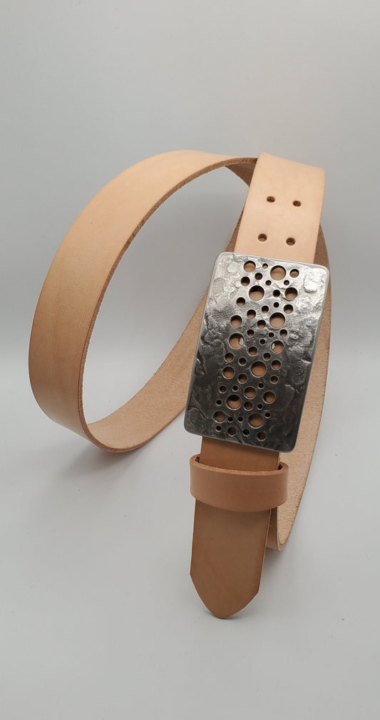 Confetti Belt & Buckle Handcrafted Hypoallergenic Blue Jean Belt Buckle and 1.5" Leather Belt Hand Forged Unisex Silver Stainless Steel