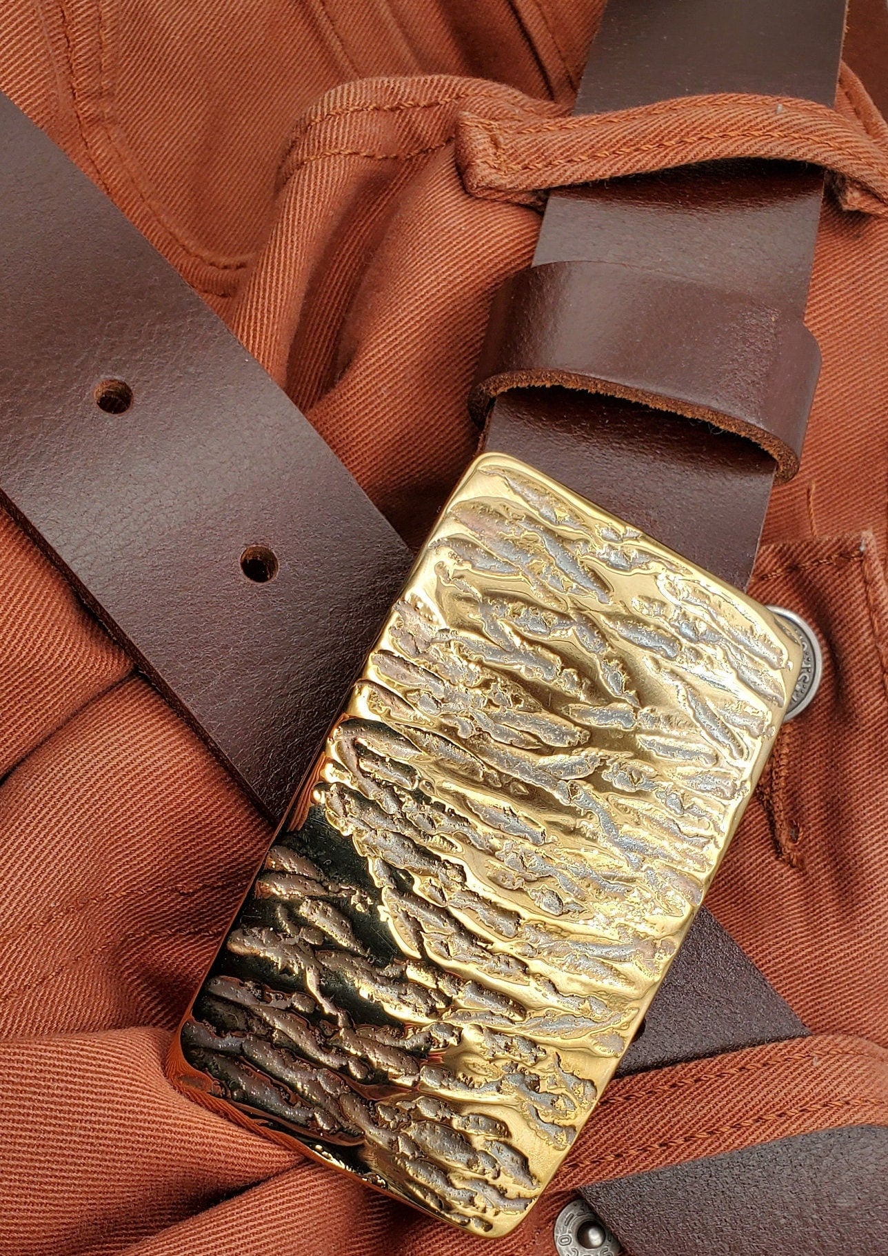 Belt & Buckle Hand Forged Buckle with Leather Belt for Blue Jean Artisan Signed Unisex Buckle Fits 1.5" Leather Snap Belt for Jeans