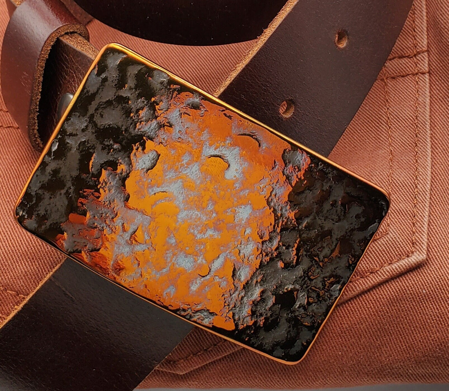 Belt & Buckle Hypoallergenic Hand-Forged Orange Buckle and Quality Leather Belt with Snaps