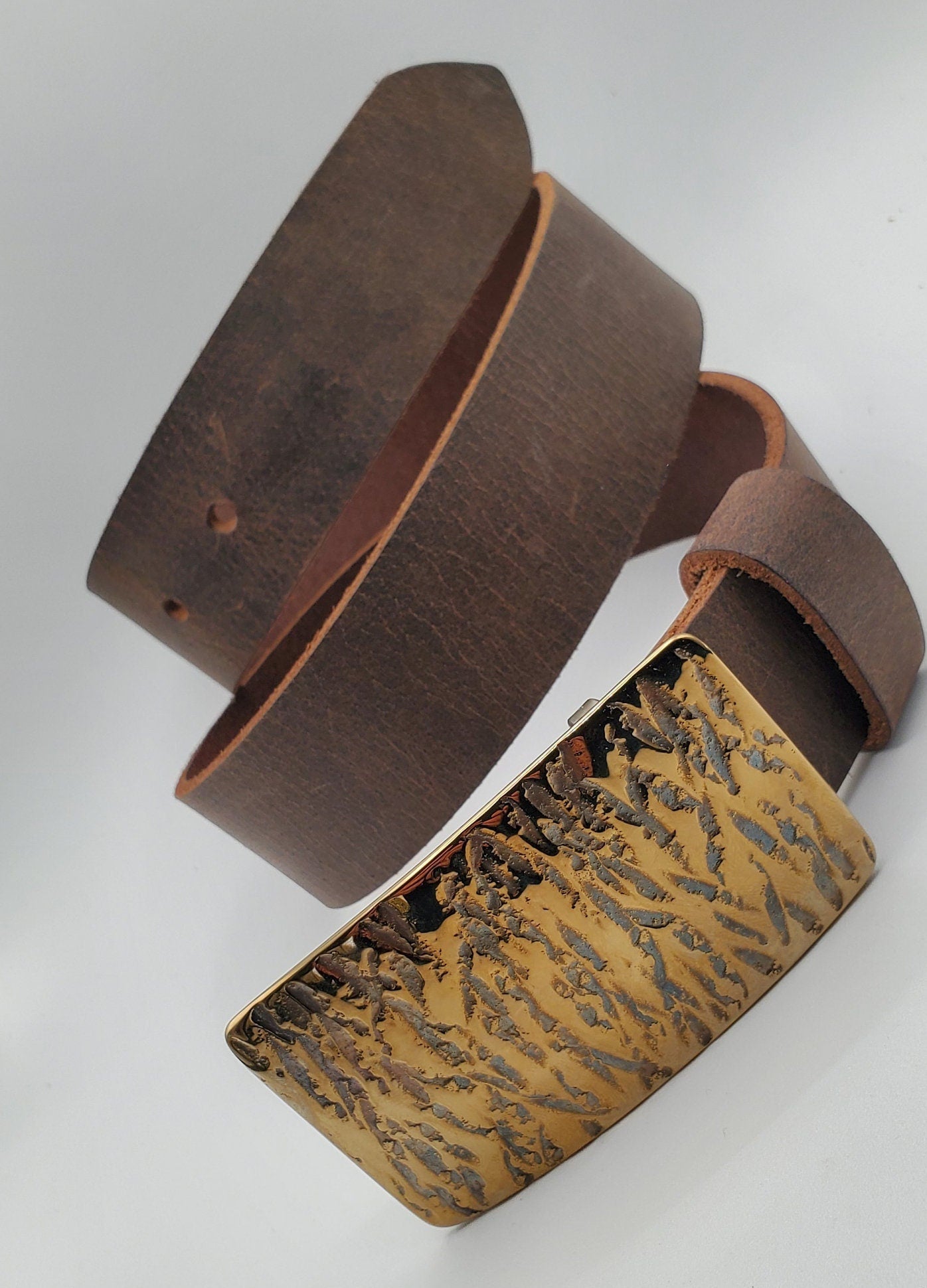 Belt & Buckle Hand Forged Buckle with Leather Belt for Blue Jean Artisan Signed Unisex Buckle Fits 1.5" Leather Snap Belt for Jeans