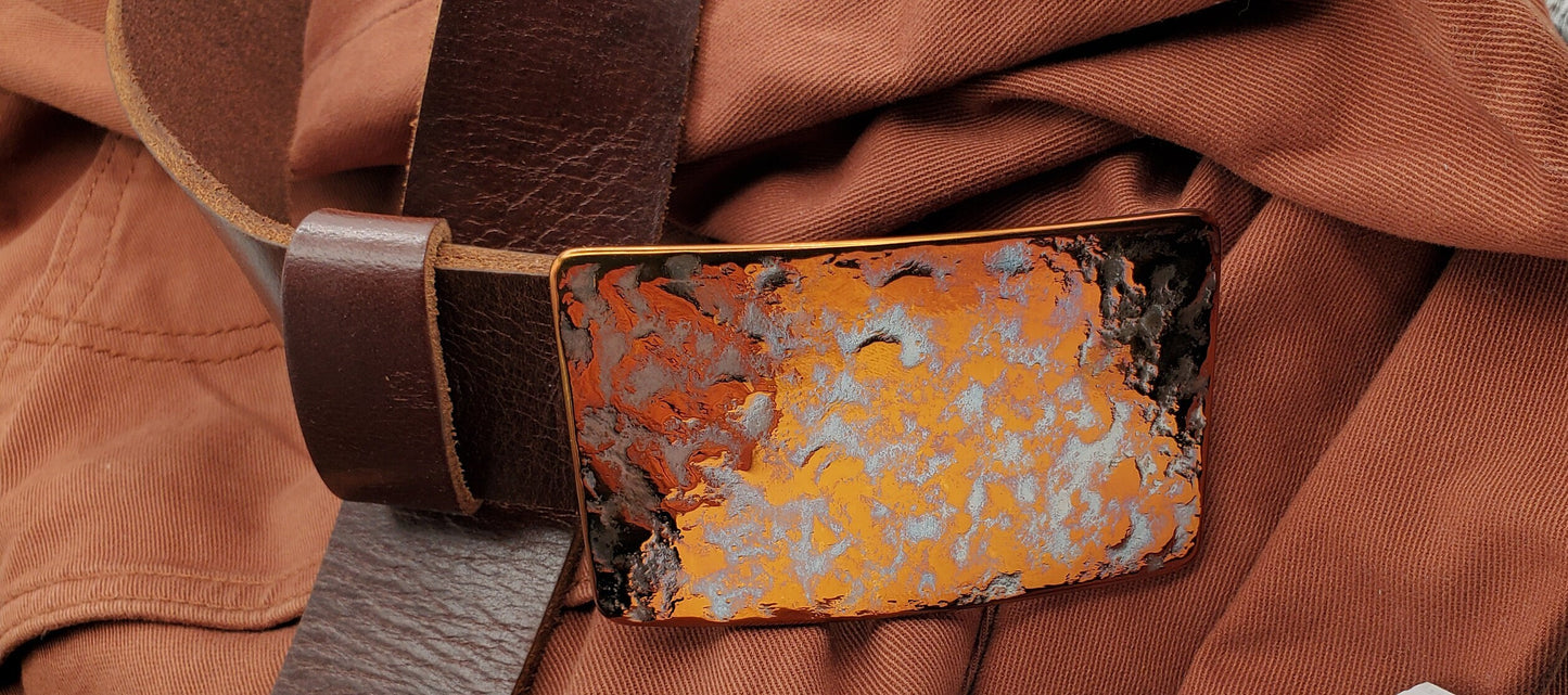 Belt & Buckle Hypoallergenic Hand-Forged Orange Buckle and Quality Leather Belt with Snaps