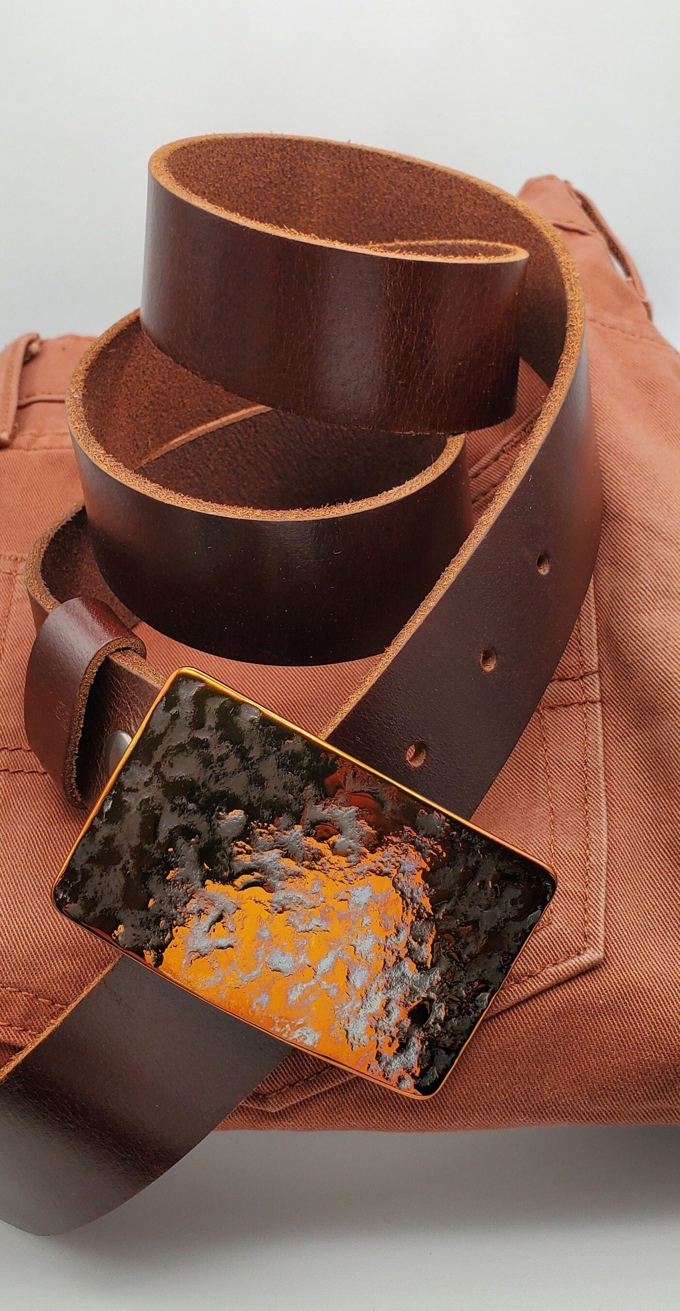 Belt & Buckle Hypoallergenic Hand-Forged Orange Buckle and Quality Leather Belt with Snaps