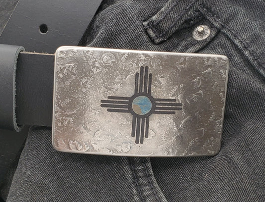 Zia Buckle & Belt Blue or Red New Mexico Etched Buckle with Belt Hand Forged Zia Buckle with 1.5" Leather Belt for Jeans and Gift Bag