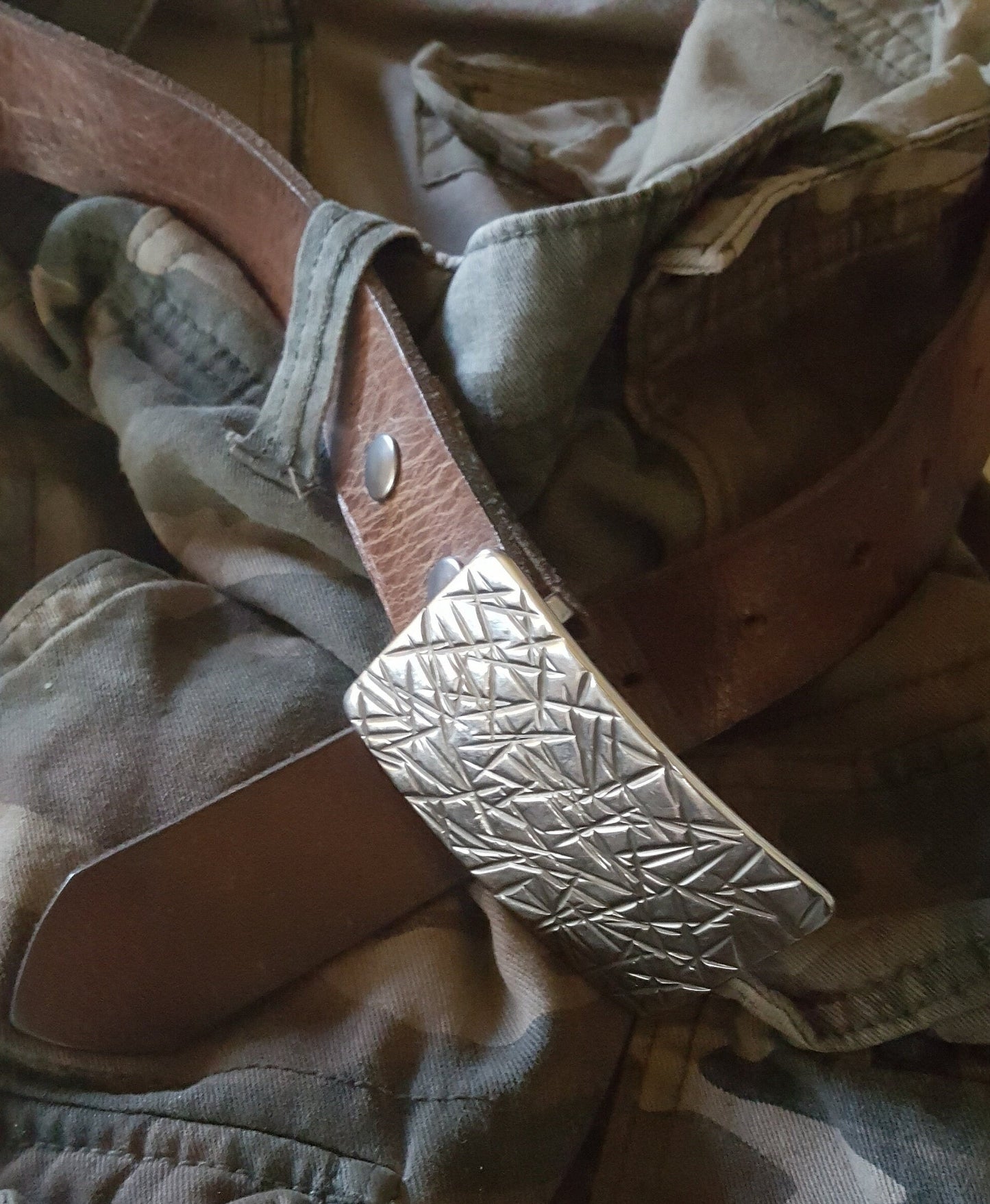 Belt Buckle Set for Blue Jean, Silver Buckle, Hand Forged Stainless Steel Buckle and 1-1/2" Leather Belt with Snaps, Your Belt Color Choice