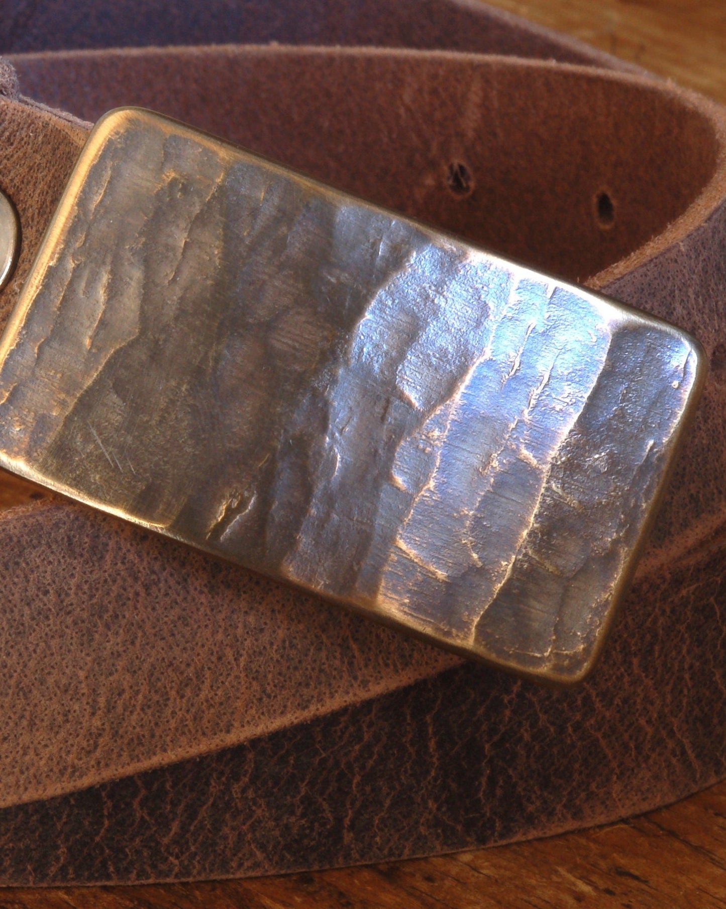 1-3/4" Belt & Buckle Set, Copper Woodgrain Buckle and Belt, Signed Original, Hypo Allergenic Buckle, Leather Belt with Snaps for Blue Jeans