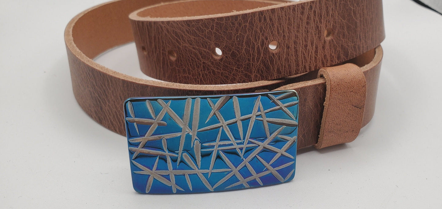 Blue Buckle & Belt Set - Your Belt Colour Choice - Hypoallergenic Stainless Steel Buckle and 1-1/4" Leather Belt Perfect For Suits