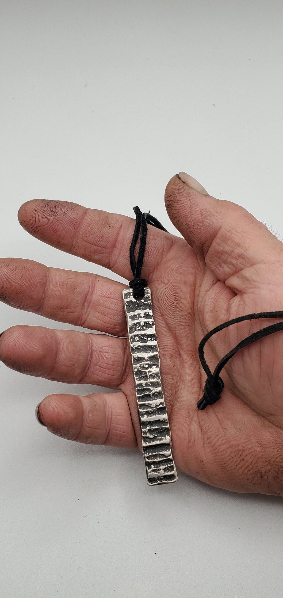 Pendant Raw Handforged Stainless Steel & Leather Cord Masculine or Feminine Jewelry Made in Canada