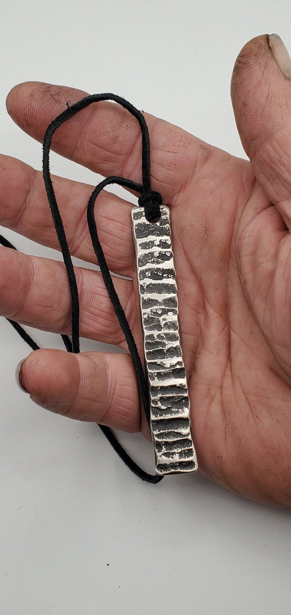 Pendant Raw Handforged Stainless Steel & Leather Cord Masculine or Feminine Jewelry Made in Canada