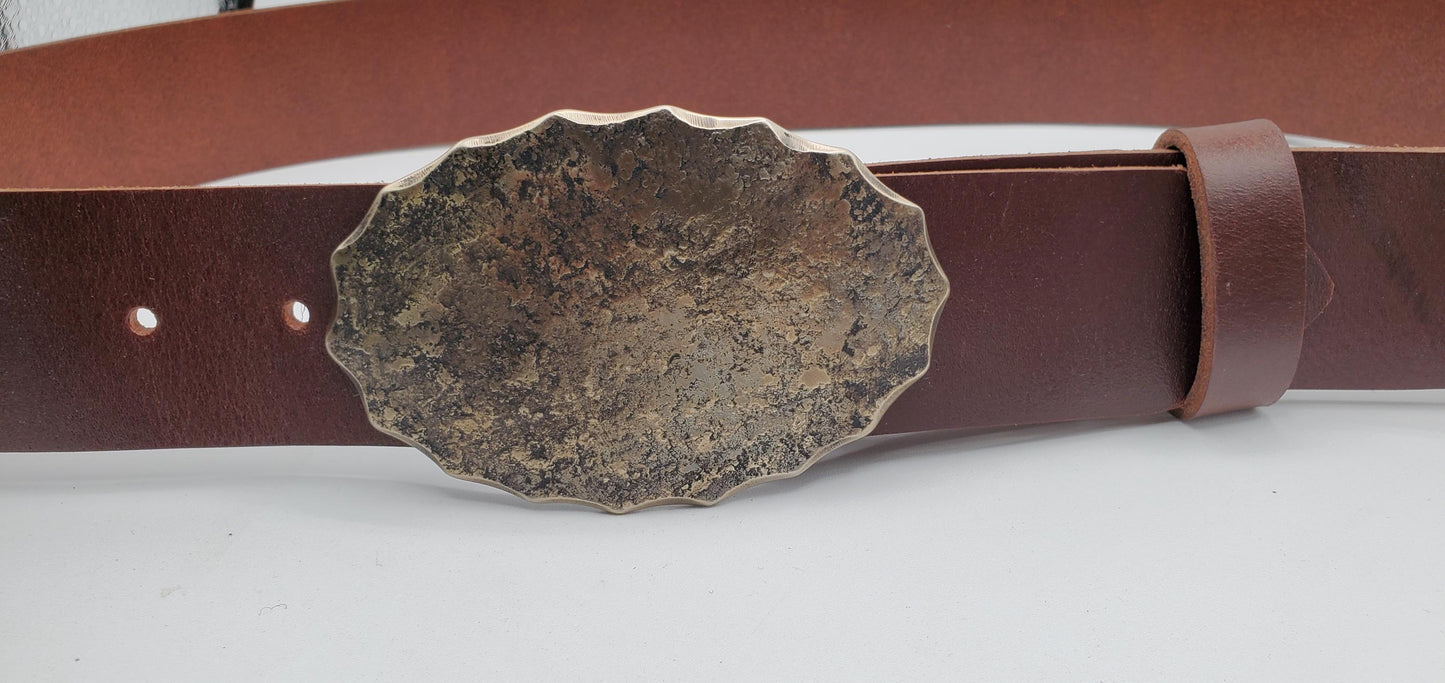 Rodeo Wear Oval Unisex Buckle & 1-3/4" Belt Hand Forged Buckle and 1.75" Wide Leather Belt-Your Colour Choice-Gift Bag Included