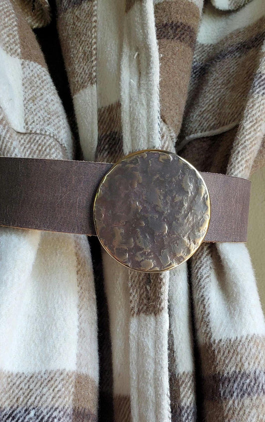 Round Coat Belt & Buckle Hand Forged Buckle Hypoallergenic Stainless Steel Buckle Dress Buckle with Leather Belt