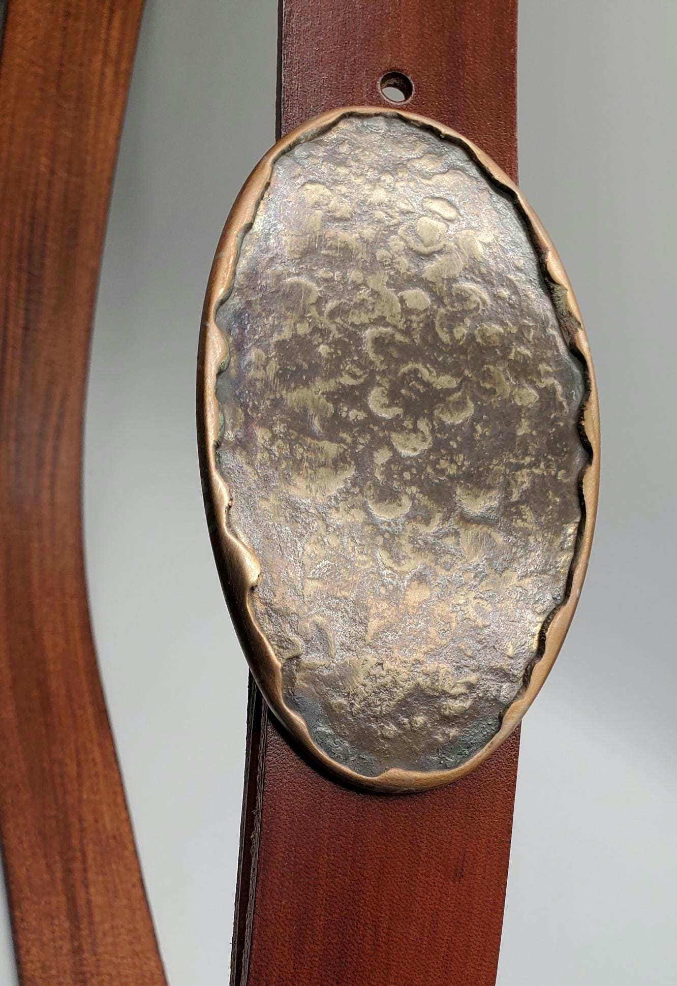 Belt and Buckle Set Bronze Hand-Forged Oval & Hand-dyed Woodgrain 1.5" Belt for Jeans