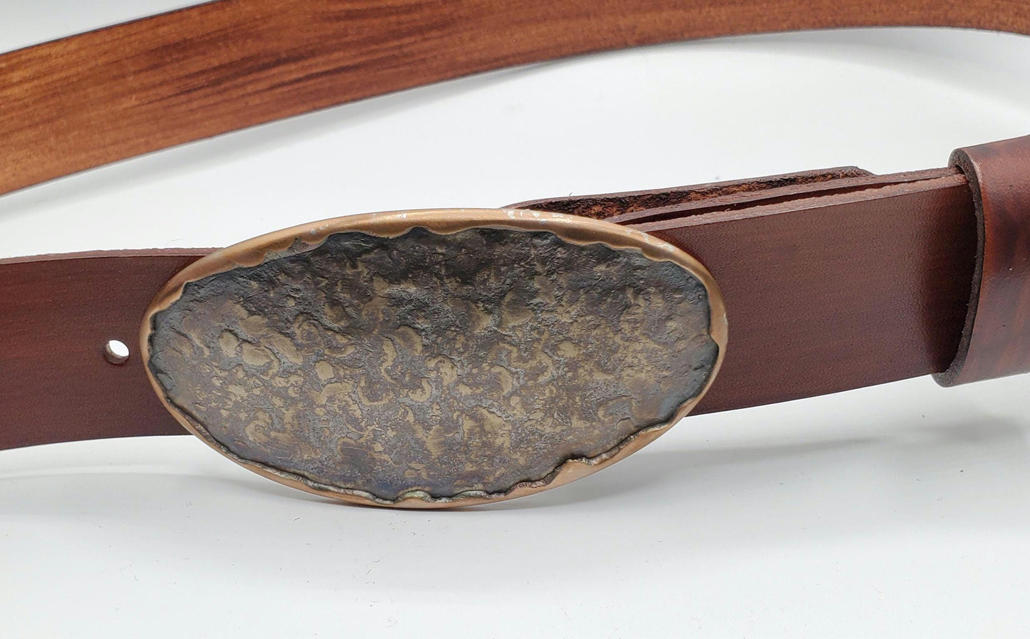 Belt and Buckle Set Bronze Hand-Forged Oval & Hand-dyed Woodgrain 1.5" Belt for Jeans