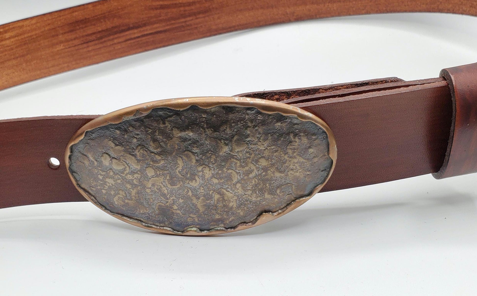 Belt and Buckle Set Bronze Hand-Forged Oval & Hand-dyed Woodgrain 1.5" Belt for Jeans