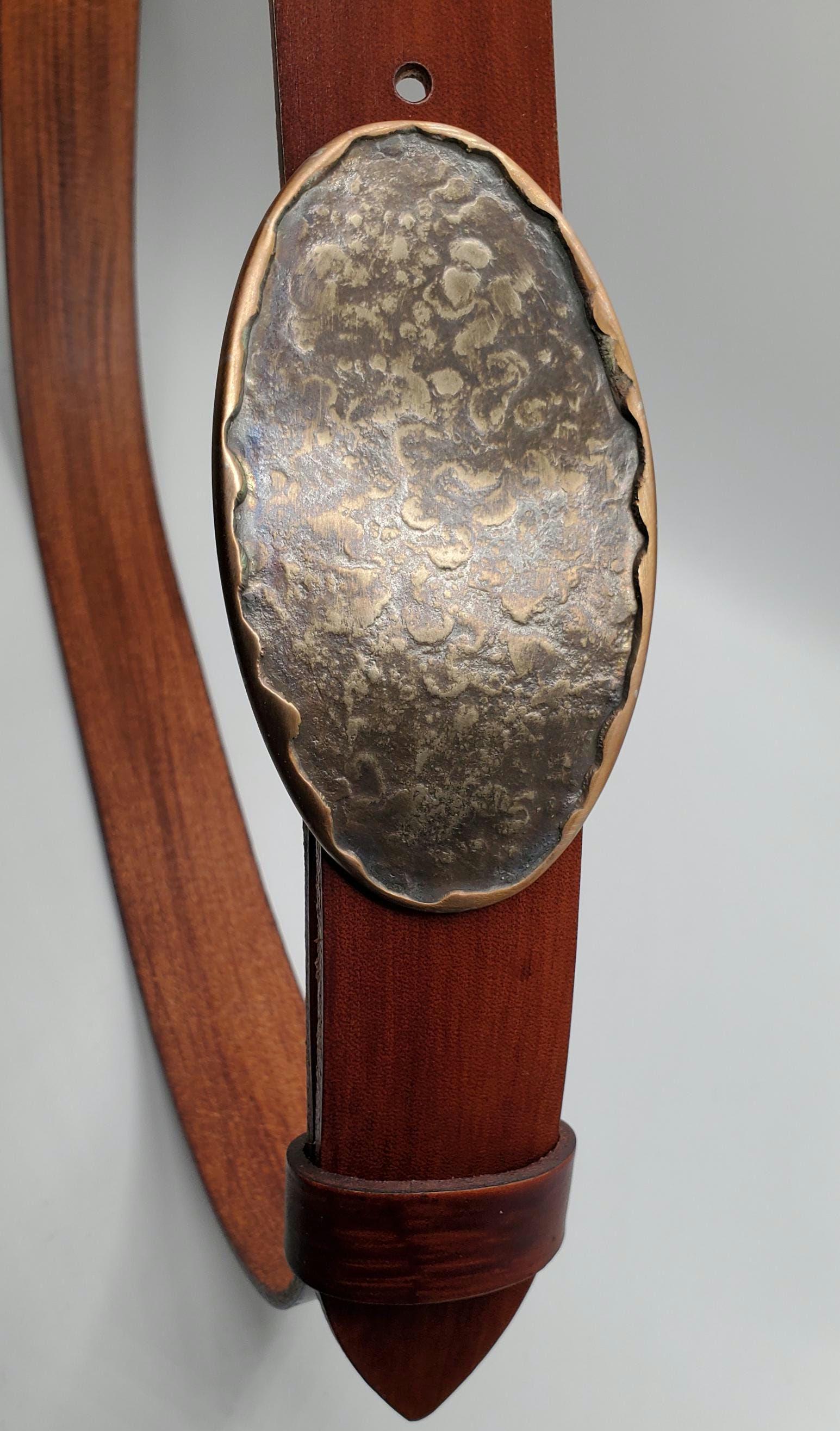 Belt and Buckle Set Bronze Hand-Forged Oval & Hand-dyed Woodgrain 1.5" Belt for Jeans