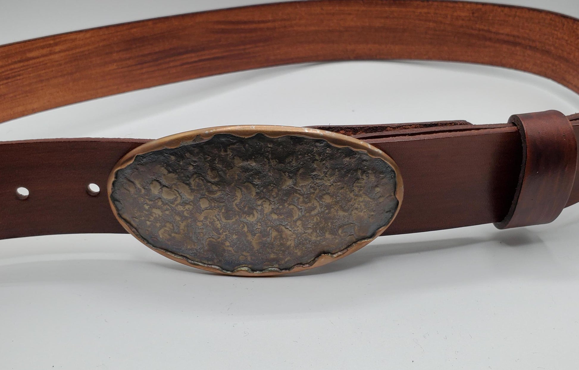Belt and Buckle Set Bronze Hand-Forged Oval & Hand-dyed Woodgrain 1.5" Belt for Jeans