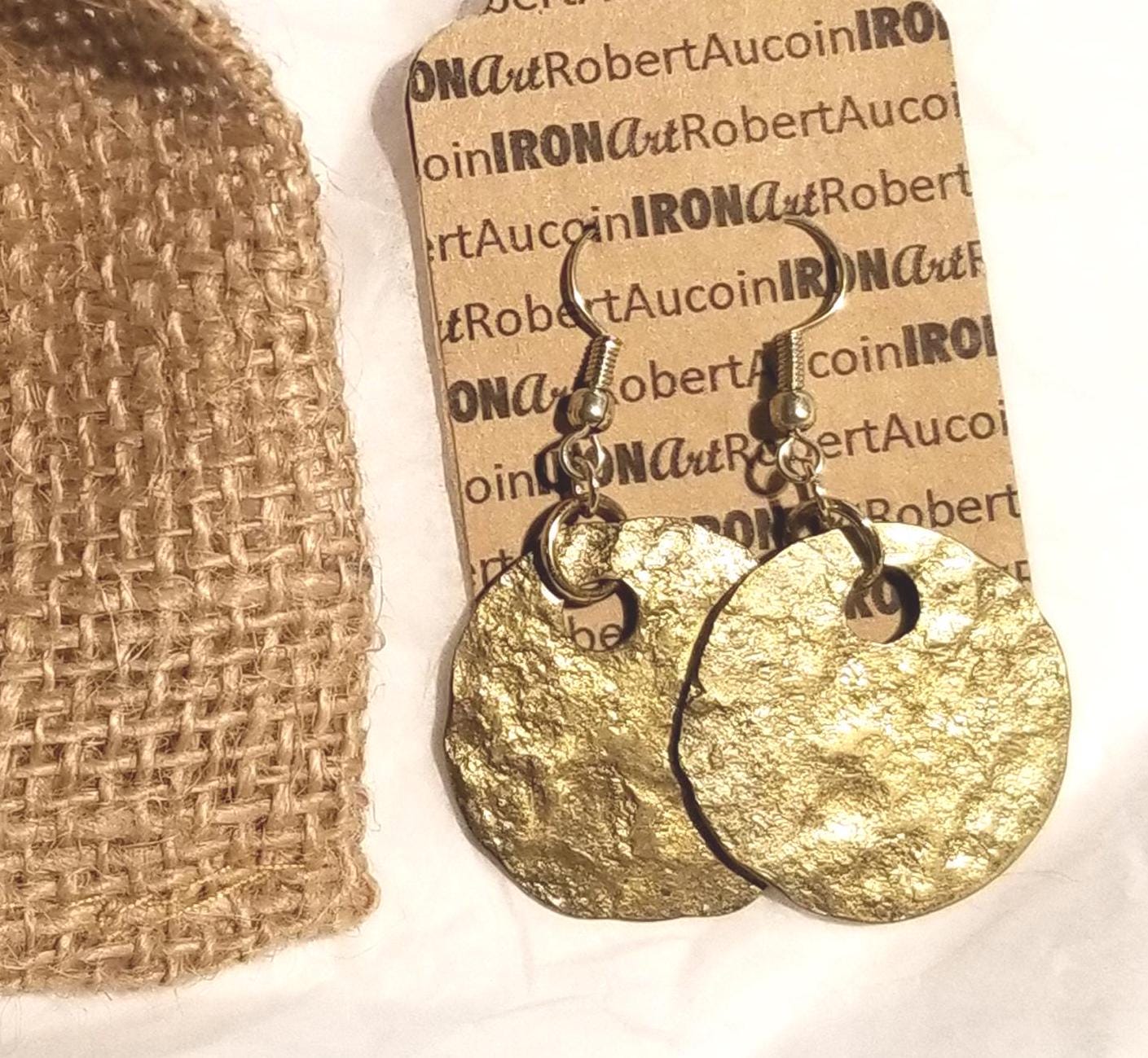 Brass Earrings Anvil Textured Hammered Ancient Gold Shepherd Hook Earrings w/ Bag Light Gold Earrings & Bag Stocking Stuffers Unisex Gifts