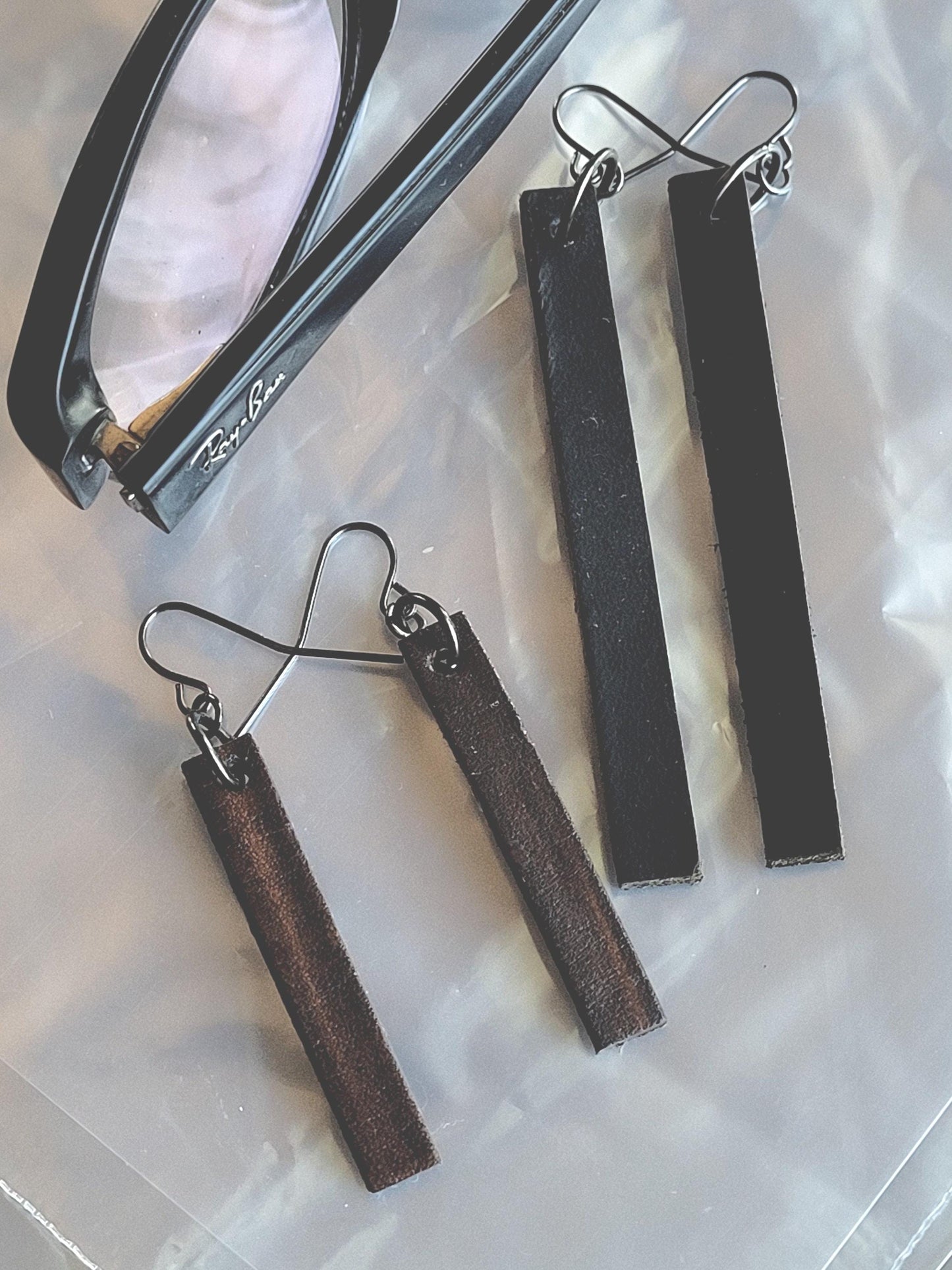 Leather Earring Sets, Two Sets, Charcoal Woodgrain with Bronze Hooks & Long Black Leather Earrings with Dark Bronze Hooks, Gift Bag Included