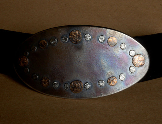 Oval Hand Forged Belt Buckle w/ Bronze & Stainless Steel Overlay on Solid Stainlesss Steel Buckle Hypoallergenic Fits 1.5" Blue Jean Belt