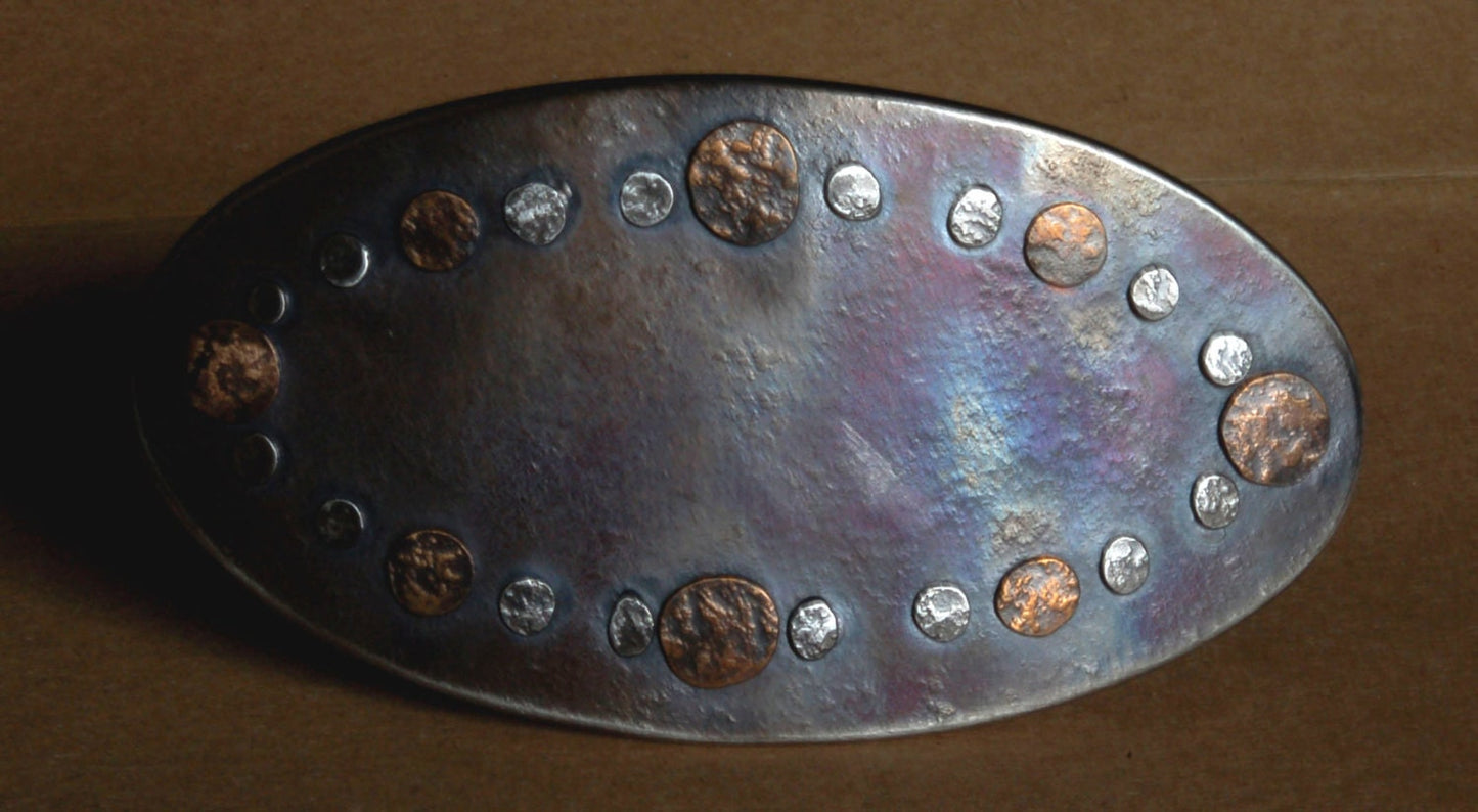 Oval Hand Forged Belt Buckle w/ Bronze & Stainless Steel Overlay on Solid Stainlesss Steel Buckle Hypoallergenic Fits 1.5" Blue Jean Belt