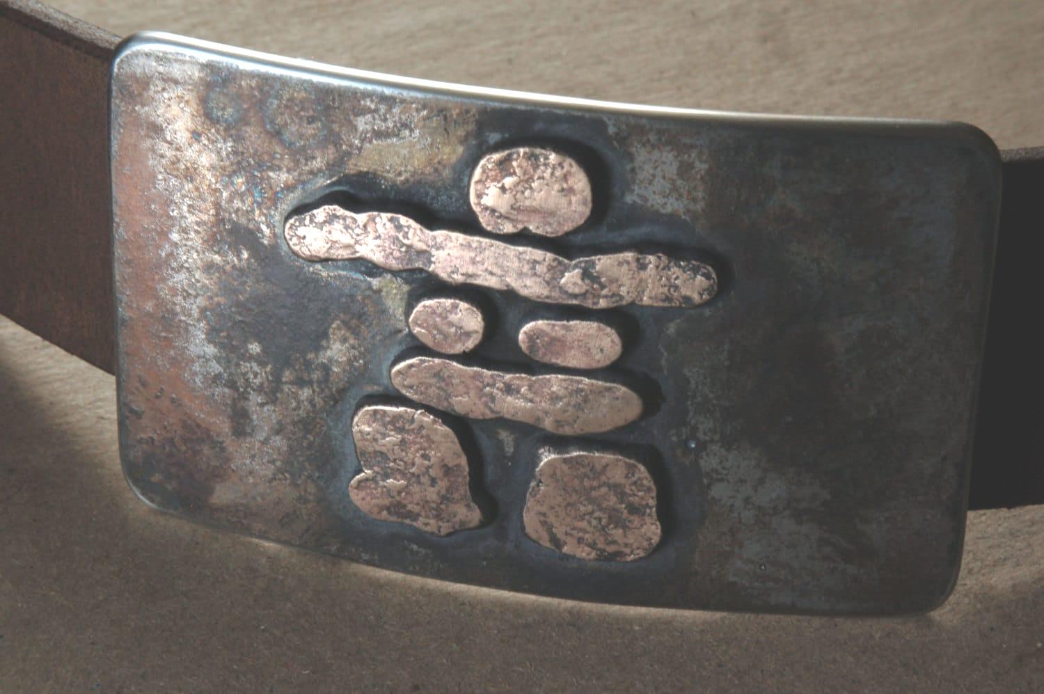 Belt & Buckle Set Inuit Art Rustic Bronze Inukshuk Hand Made in Canada Hand Forged Belt Buckle with Leather 1.5" Belt for Blue Jeans