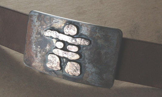 Belt & Buckle Set Inuit Art Rustic Bronze Inukshuk Hand Made in Canada Hand Forged Belt Buckle with Leather 1.5" Belt for Blue Jeans
