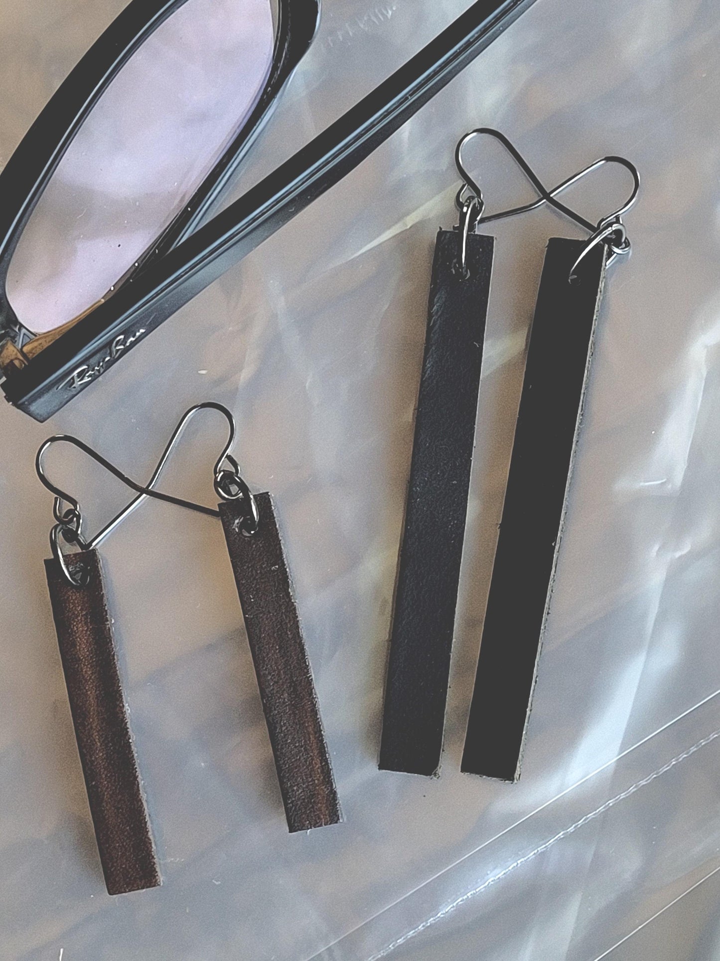Leather Earring Sets, Two Sets, Charcoal Woodgrain with Bronze Hooks & Long Black Leather Earrings with Dark Bronze Hooks, Gift Bag Included