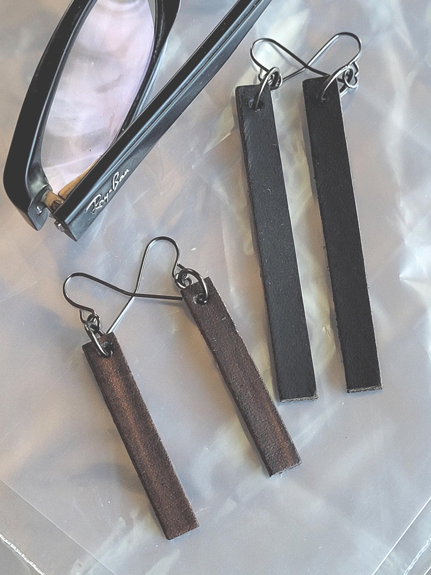 Leather Earring Sets, Two Sets, Charcoal Woodgrain with Bronze Hooks & Long Black Leather Earrings with Dark Bronze Hooks, Gift Bag Included