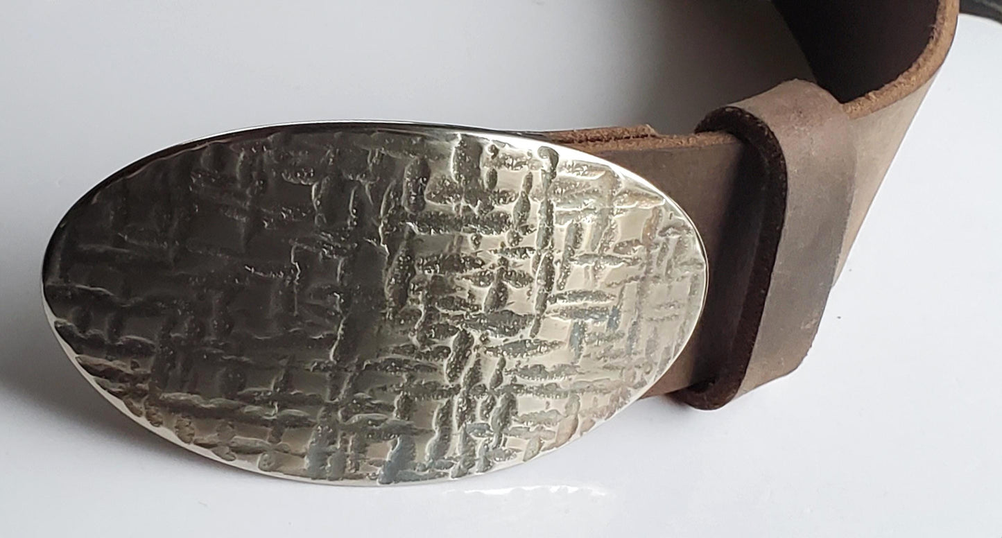 Oval Buckle & 2" Belt SET, Anvil Textured, Silver Taupe Gold for Blue Jeans