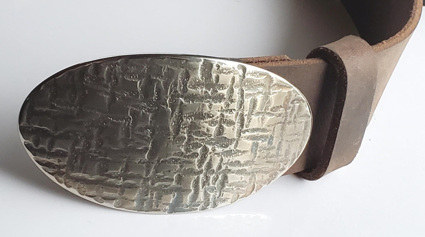 Oval Buckle & 2" Belt SET, Anvil Textured, Silver Taupe Gold for Blue Jeans