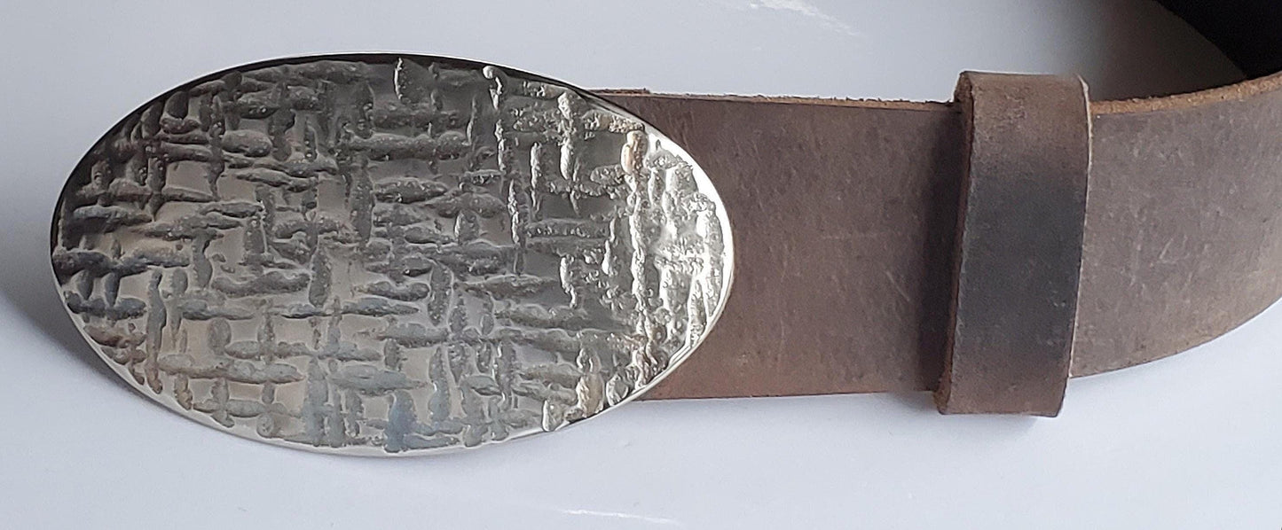 Oval Buckle & 2" Belt SET, Anvil Textured, Silver Taupe Gold for Blue Jeans