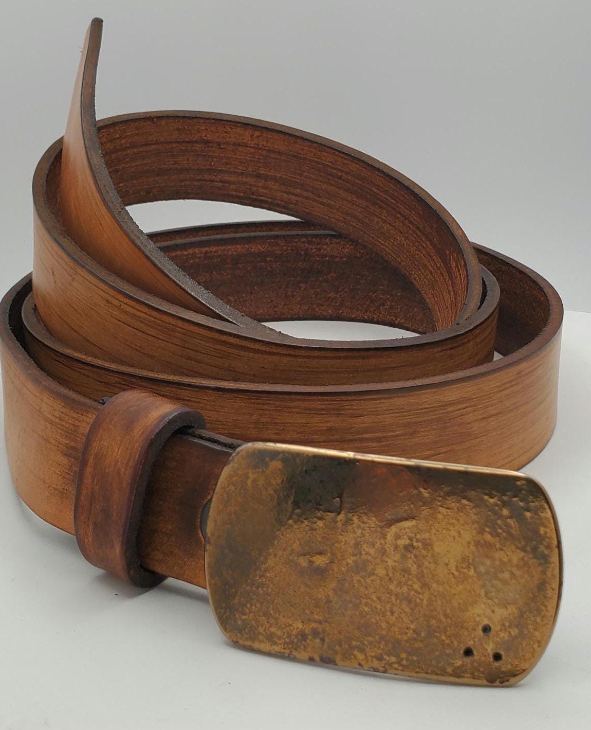 Suit Buckle & Belt - Hand Forged Buckle with Hand Dyed Tan Belt 1-1/4" Wide Belt and Stainless Steel Buckle