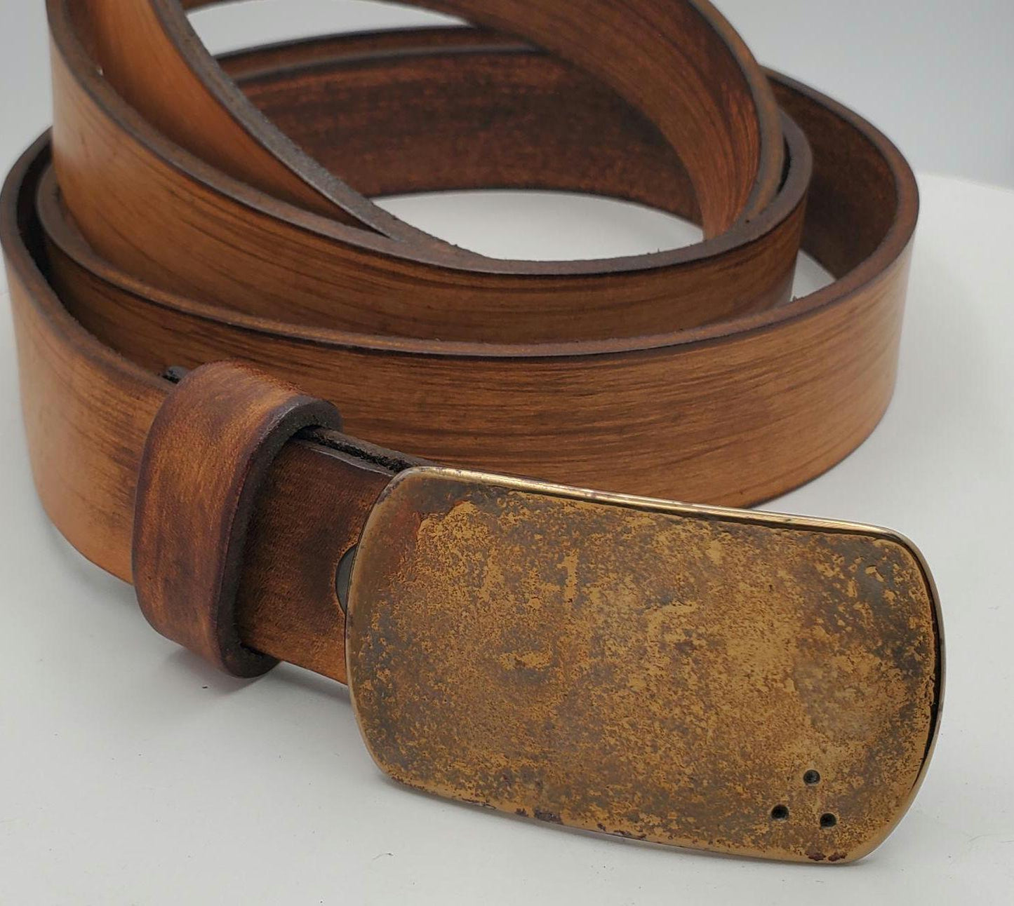 Suit Buckle & Belt - Hand Forged Buckle with Hand Dyed Tan Belt 1-1/4" Wide Belt and Stainless Steel Buckle