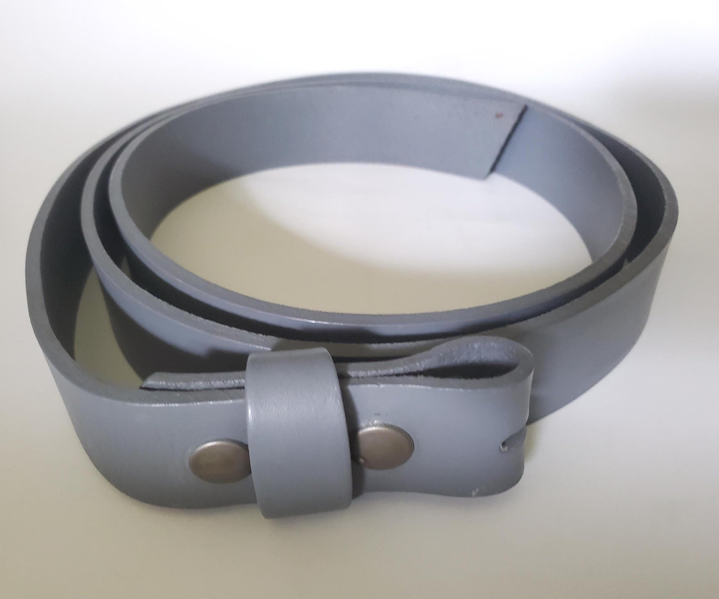Silver Suit Buckle with Grey Belt - Hand Forged Buckle with Hand Dyed Gray Belt 1-1/4" Wide Belt and Stainless Steel Buckle