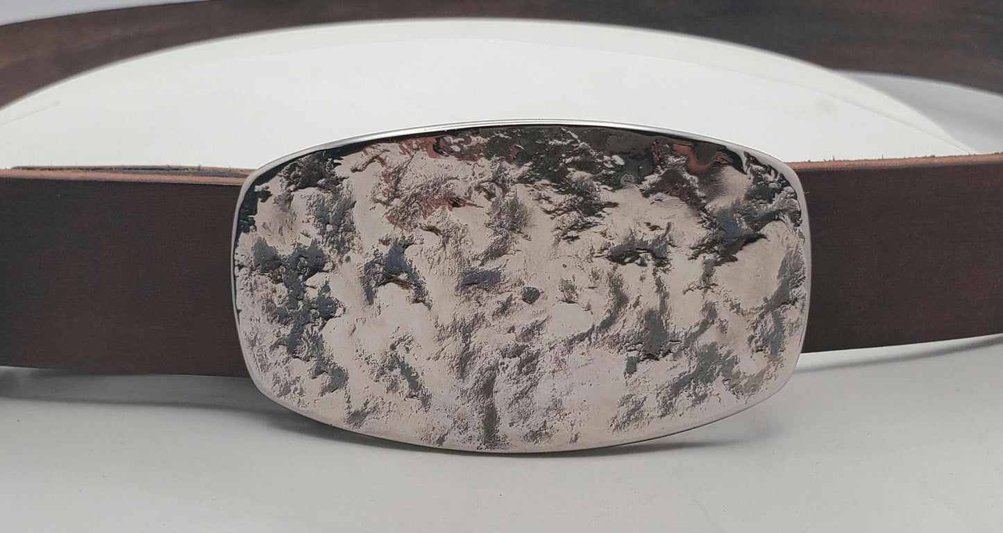 Hand Forged Buckle with Hand Dyed Brown/Slate Belt - Silver/Slate Buckle with Hand Dyed Slate/Brown 1-1/4" Wide Belt
