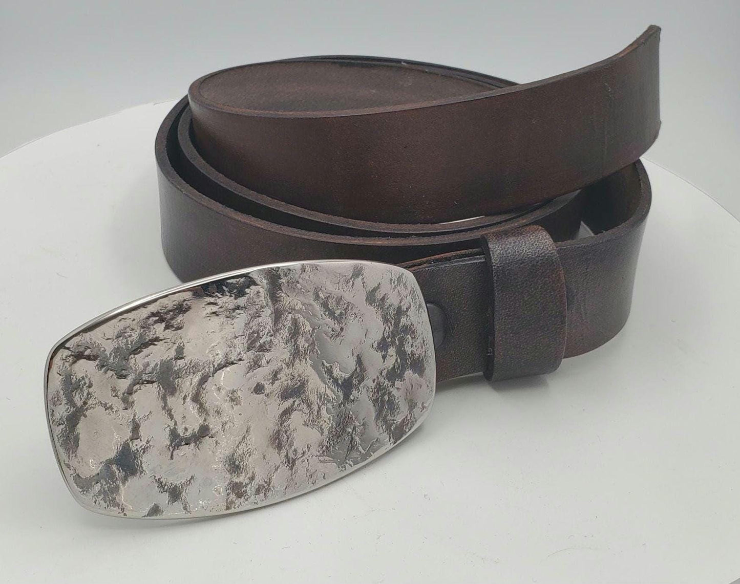Hand Forged Buckle with Hand Dyed Brown/Slate Belt - Silver/Slate Buckle with Hand Dyed Slate/Brown 1-1/4" Wide Belt