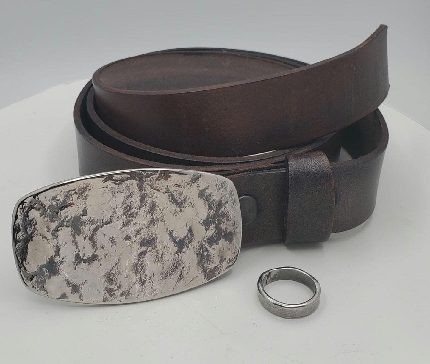 Hand Forged Buckle with Hand Dyed Brown/Slate Belt - Silver/Slate Buckle with Hand Dyed Slate/Brown 1-1/4" Wide Belt