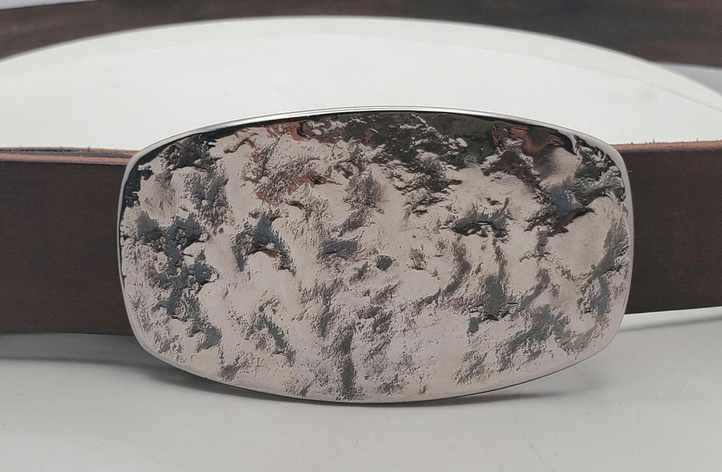 Hand Forged Buckle with Hand Dyed Brown/Slate Belt - Silver/Slate Buckle with Hand Dyed Slate/Brown 1-1/4" Wide Belt